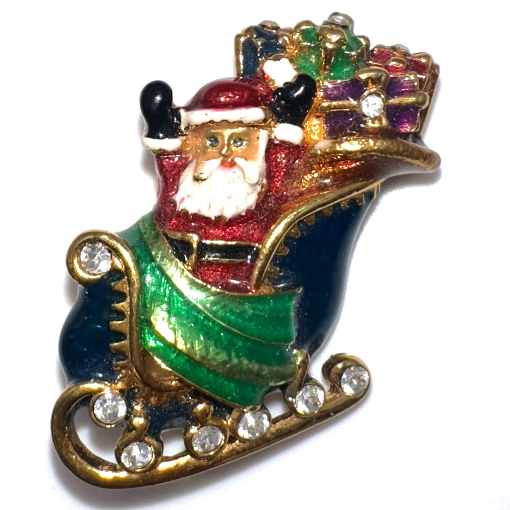 Christopher Radko vintage gold tone enamel Christmas Santa Claus sleigh brooch