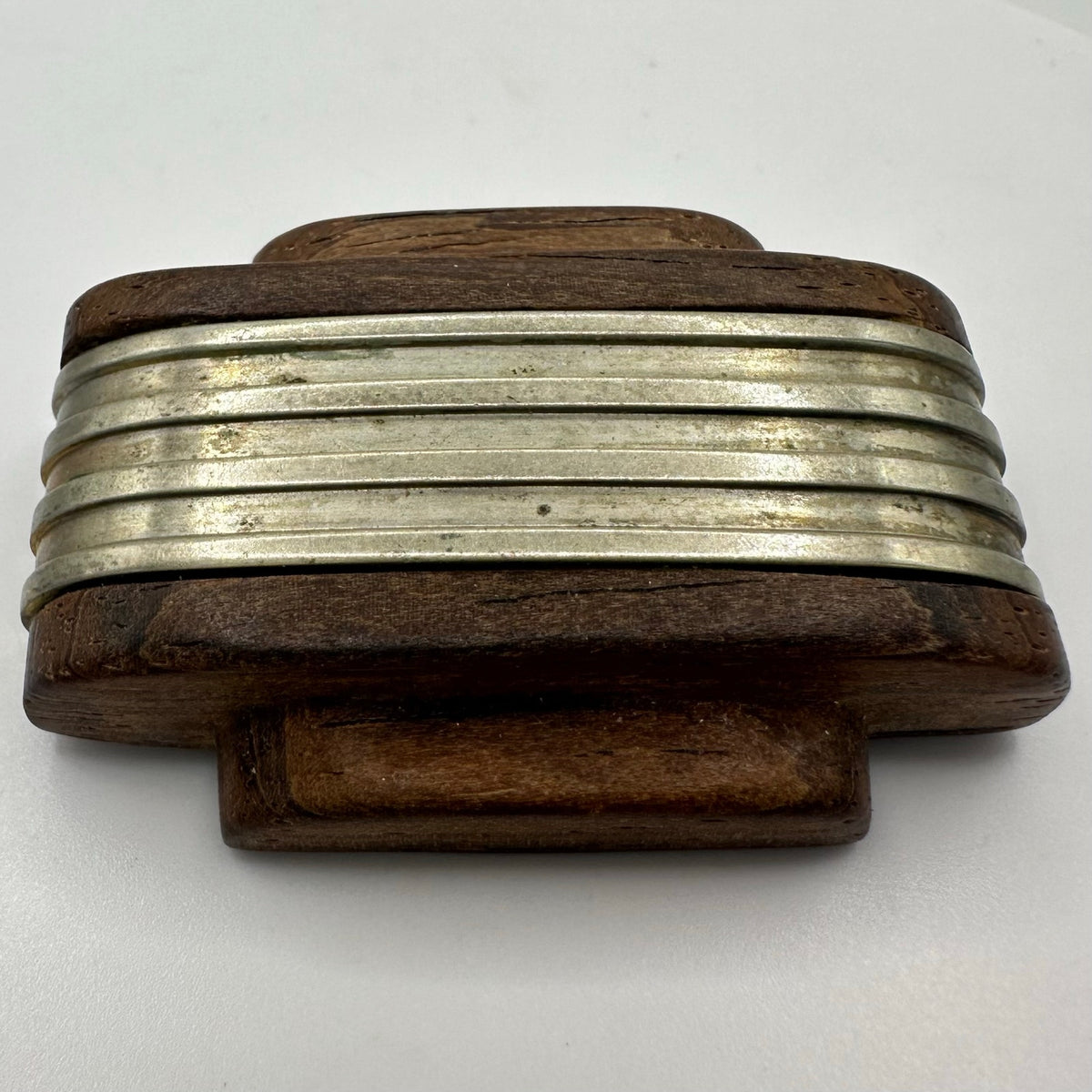 Antique Art Deco 1930s polished brown woodgrain wood silver tone brooch
