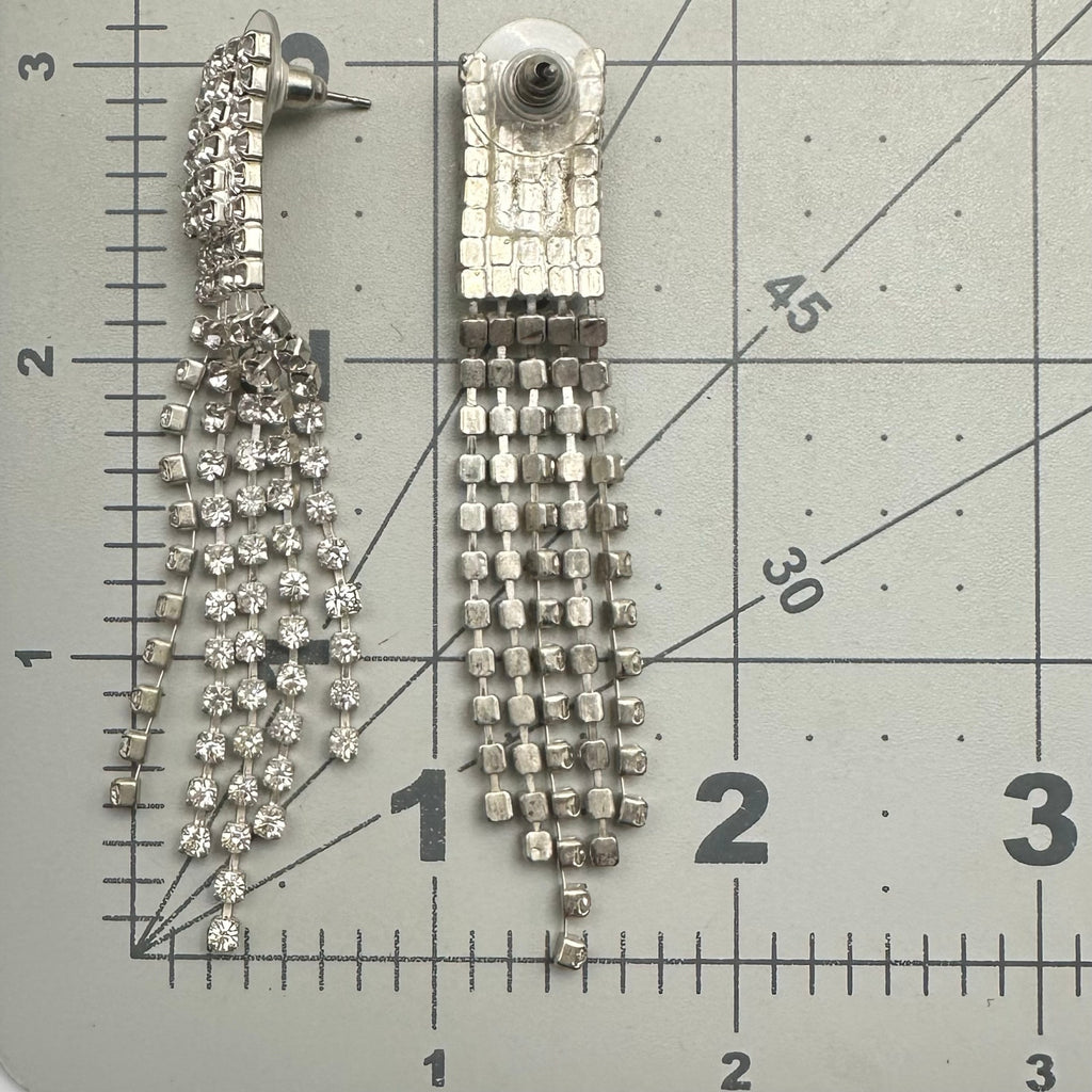 Silver tone clear rhinestones multi 5 strands fringe drop post earrings