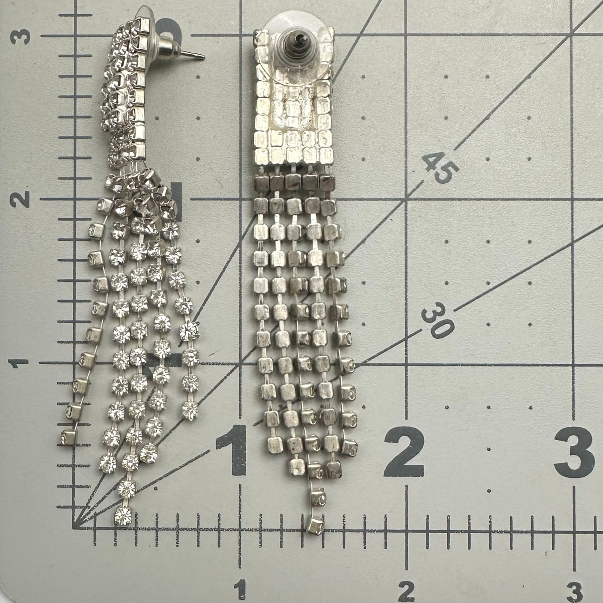 Silver tone clear rhinestones multi 5 strands fringe drop post earrings