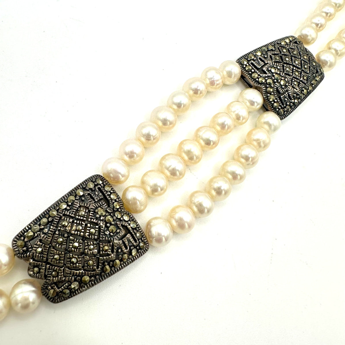 NF Thailand 925 sterling silver marcasite real freshwater pearls bracelet 32.40g