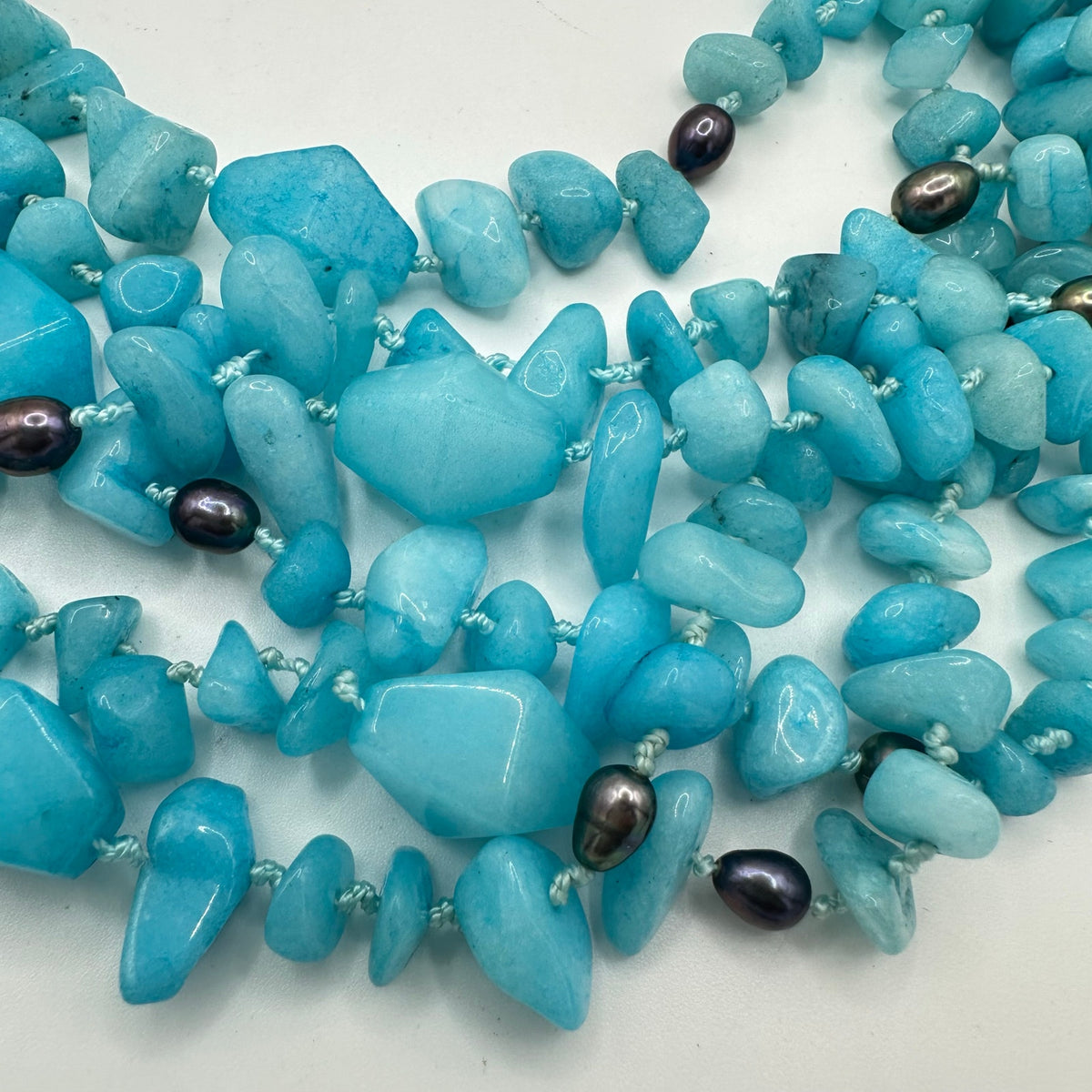 Handmade Caribbean blue quartz freshwater pearls 6 multi strand beaded necklace