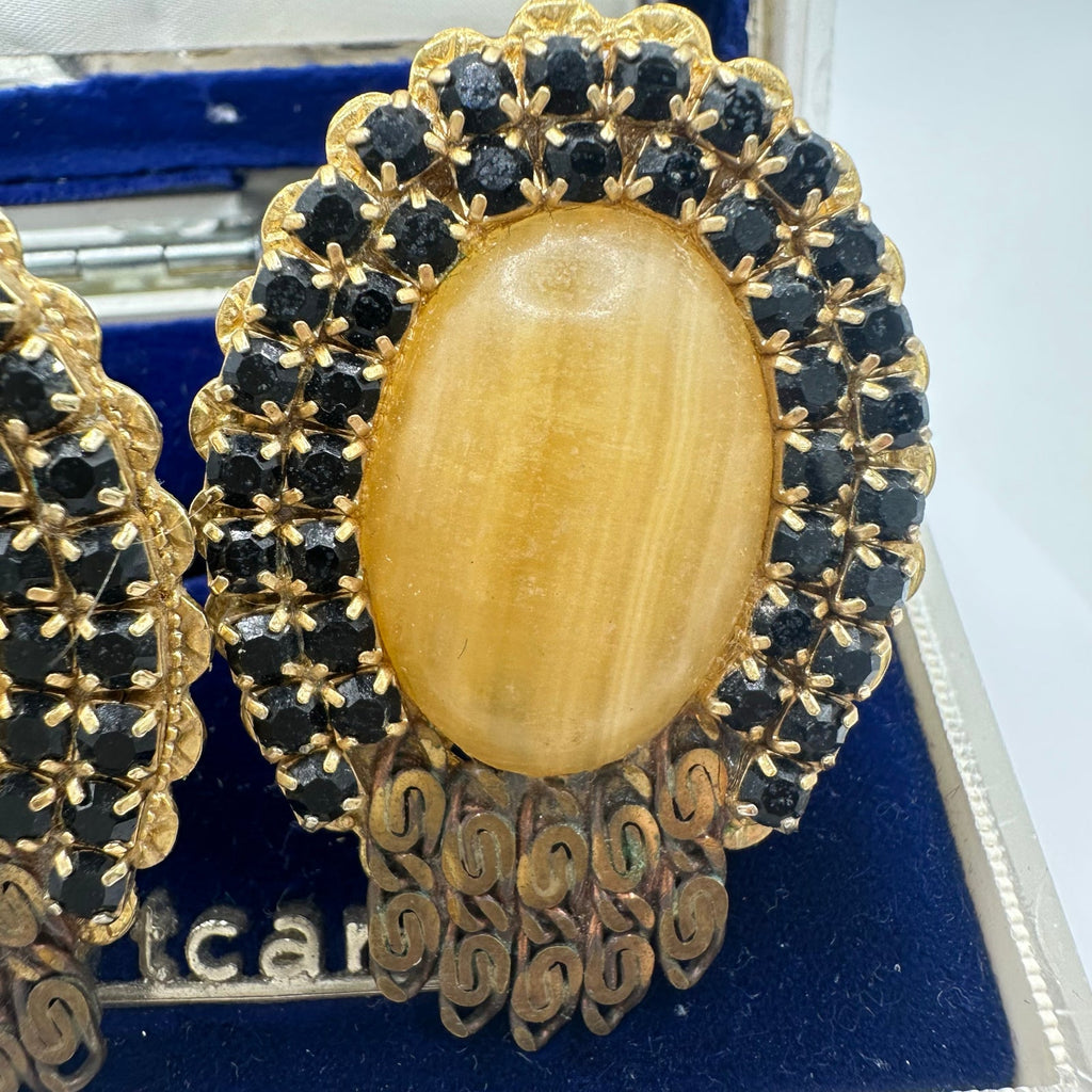 1950s vintage gold tone filigree black rhinestones chalcedony clip on earrings