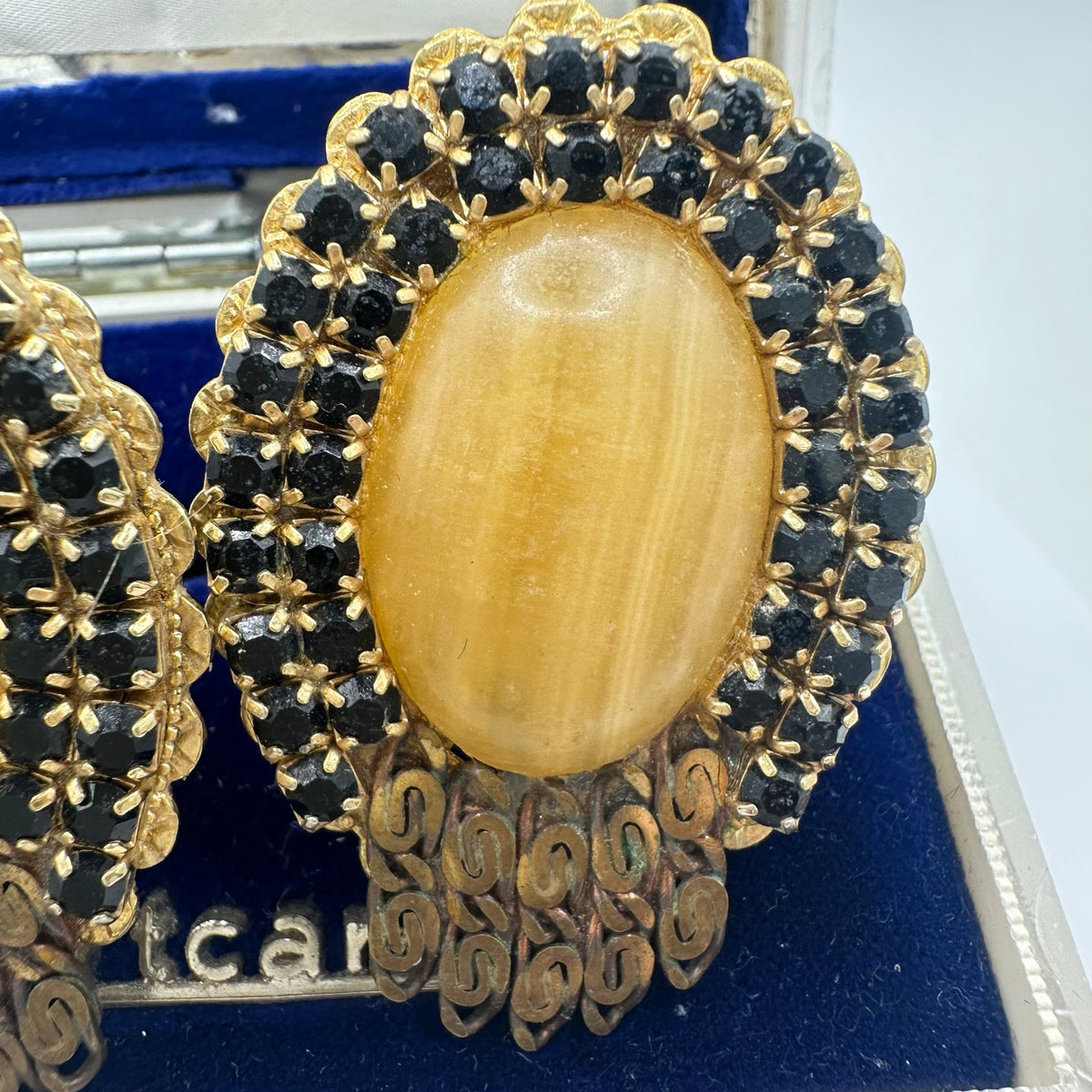 1950s vintage gold tone filigree black rhinestones chalcedony clip on earrings