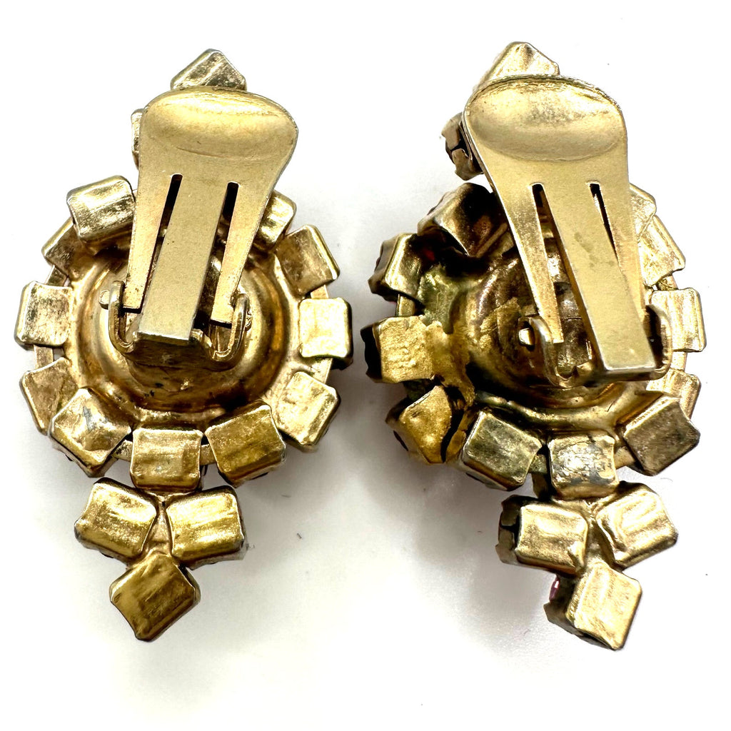 1950s vintage gold tone pink clear givré art glass rhinestones clip on earrings