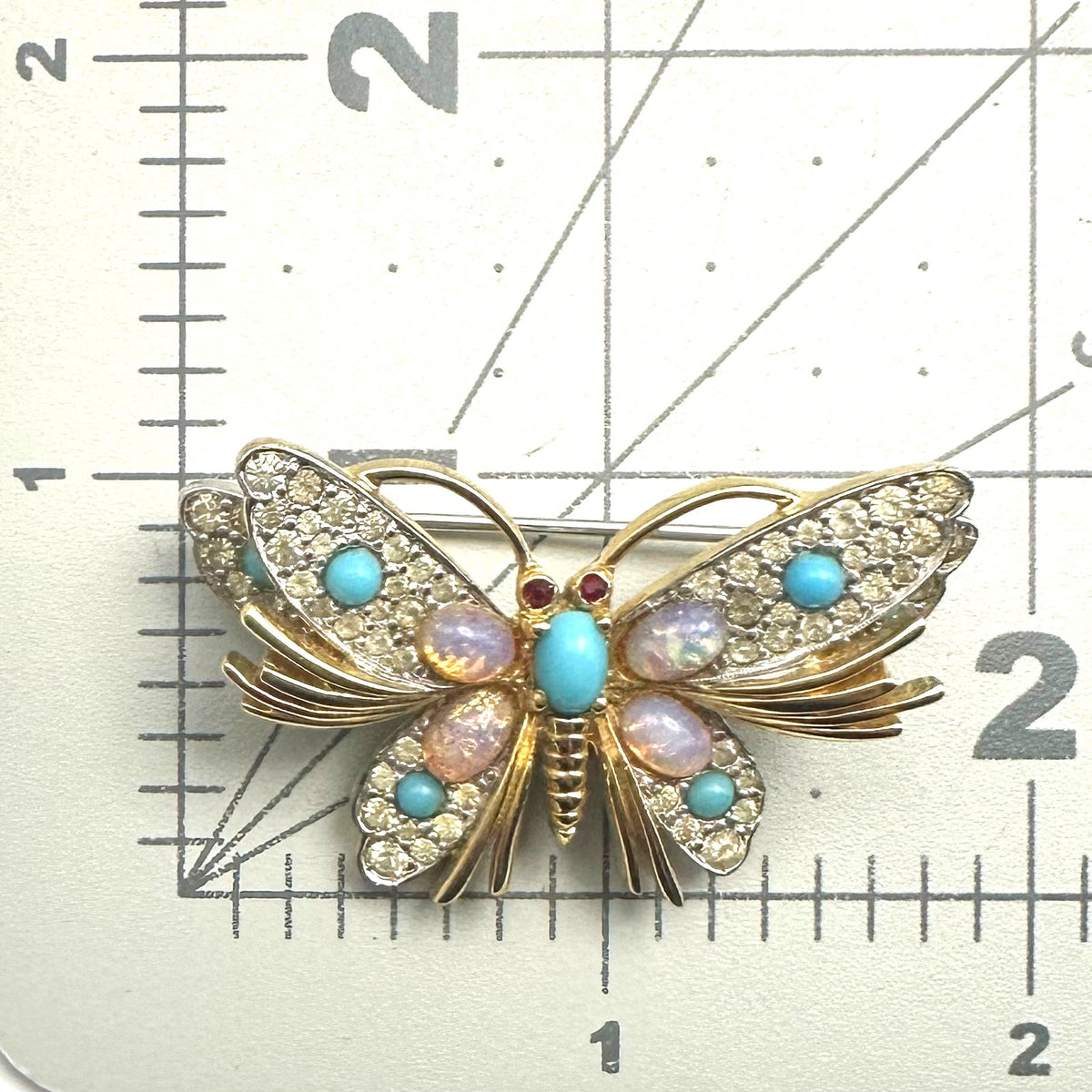 Jomaz vintage gold tone clear rhinestones art glass cabochons butterfly brooch