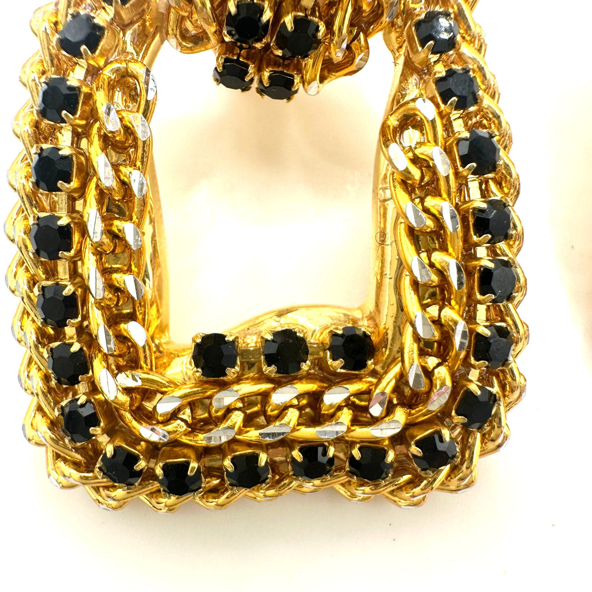 Vintage gold silver two tone black rhinestones door knocker clip on earrings