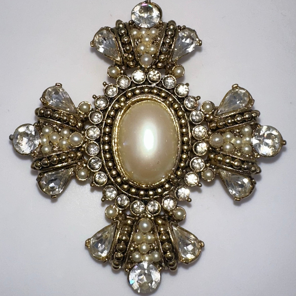 Vintage gold tone glass pearl cabochon clear rhinestones Maltese Cross brooch