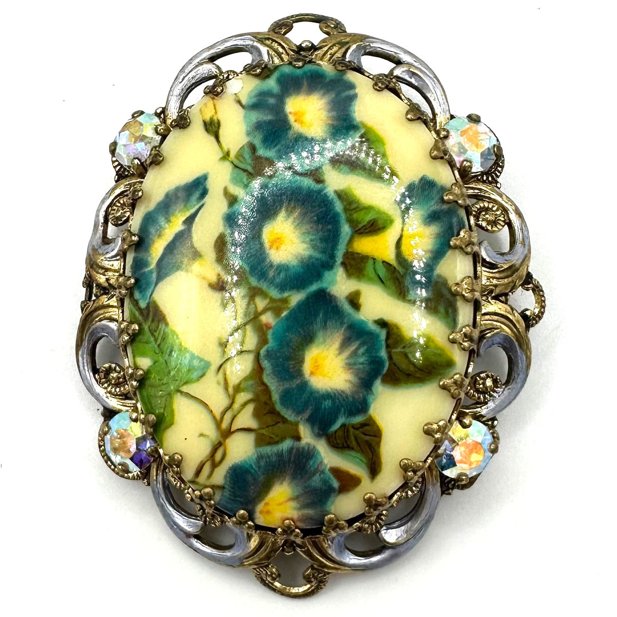 West Germany vintage gold tone floral portrait purple enamel rhinestones brooch