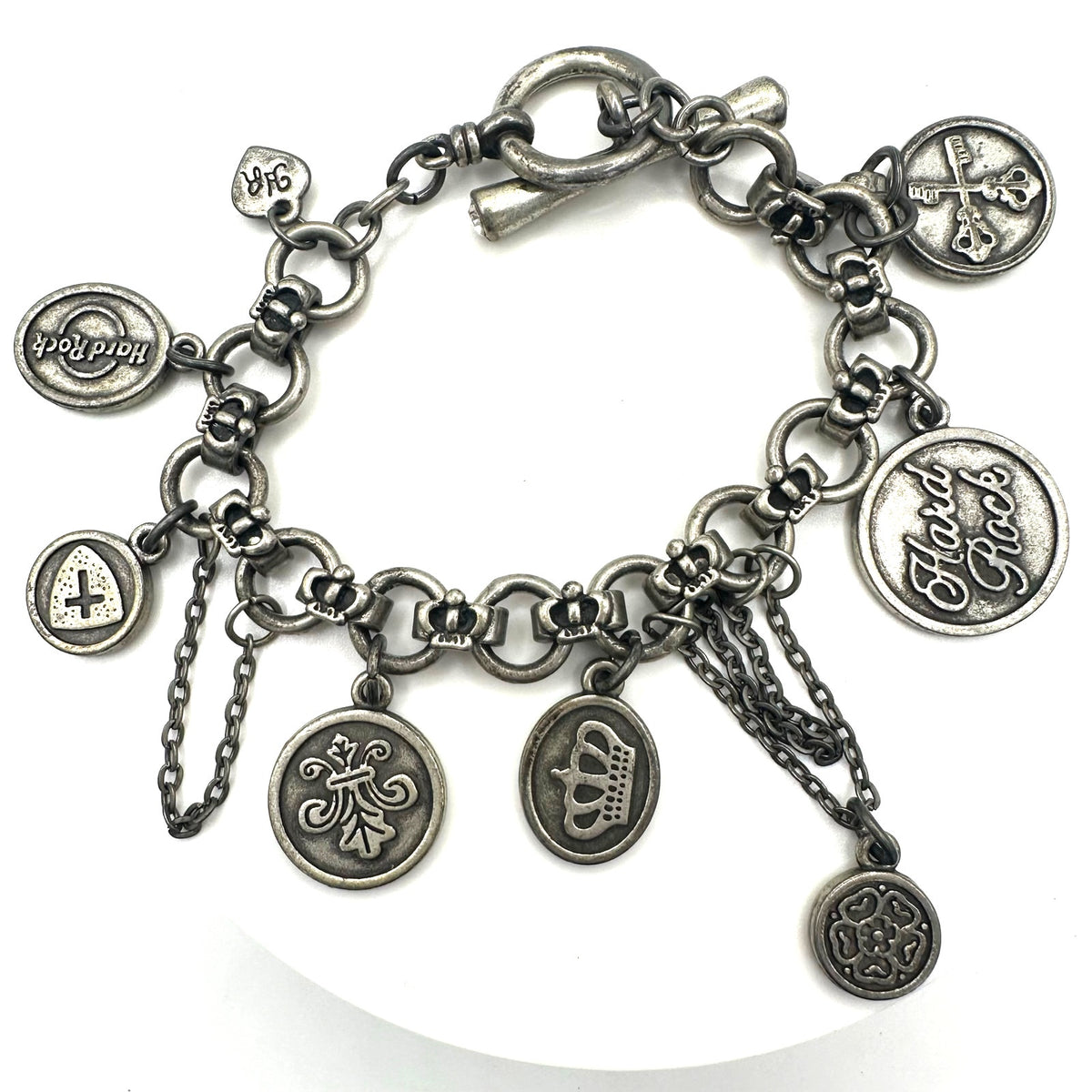 Y2K Hard Rock Cafe Hotel silver tone punk hanging chains charms bracelet 8”