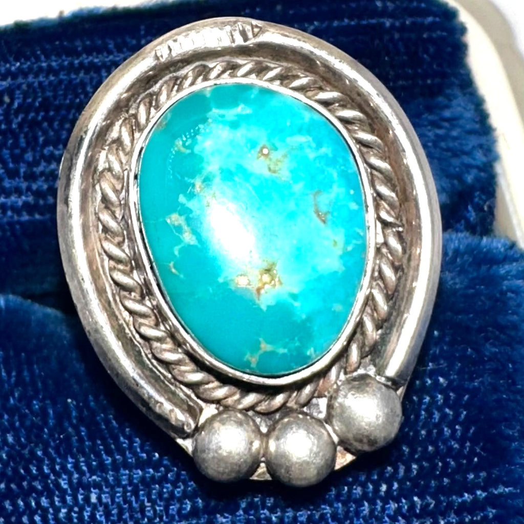 Navajo vintage sterling silver genuine turquoise gemstone roper ring size 7.25