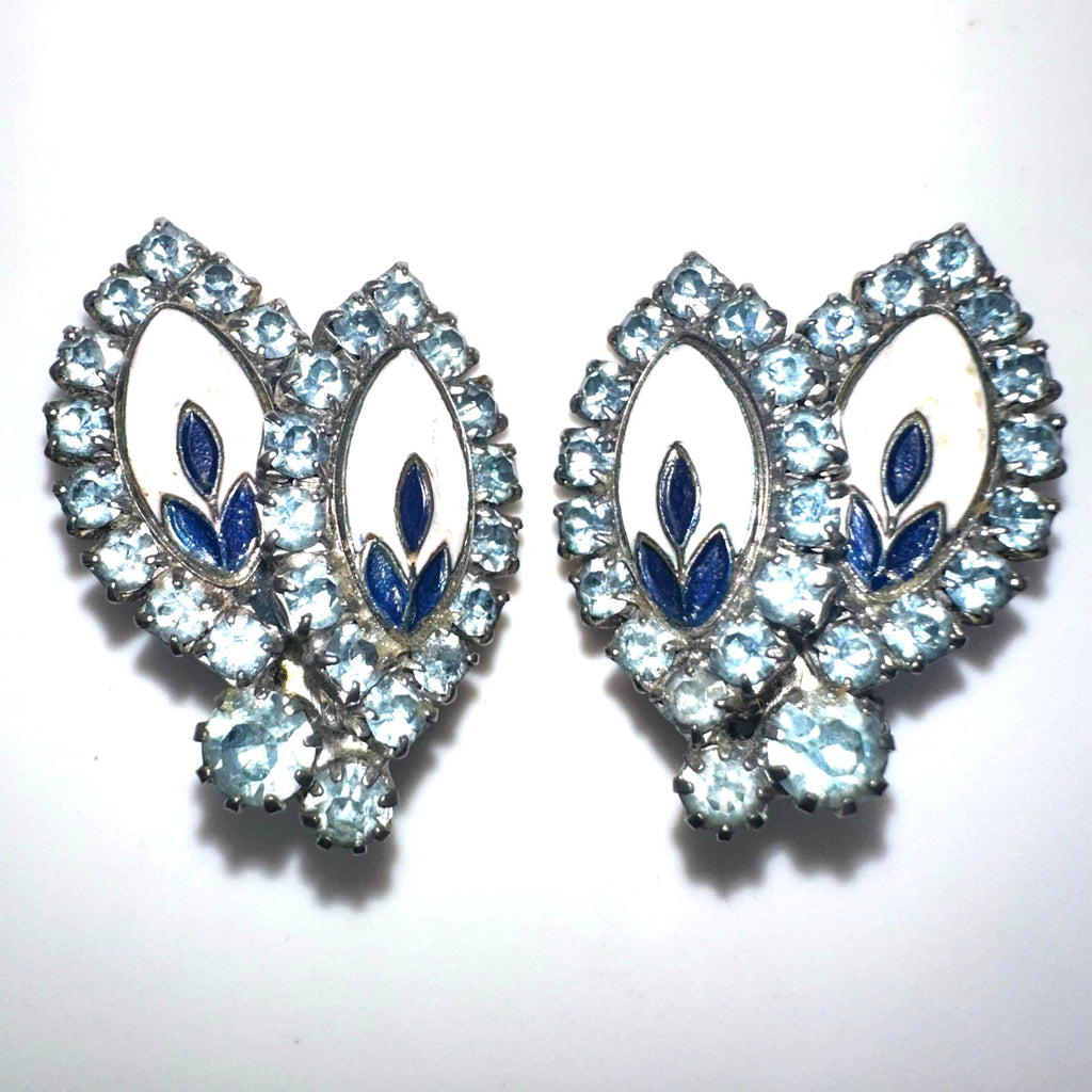 Weiss signed vintage silver tone blue rhinestones white enamel clip on earrings
