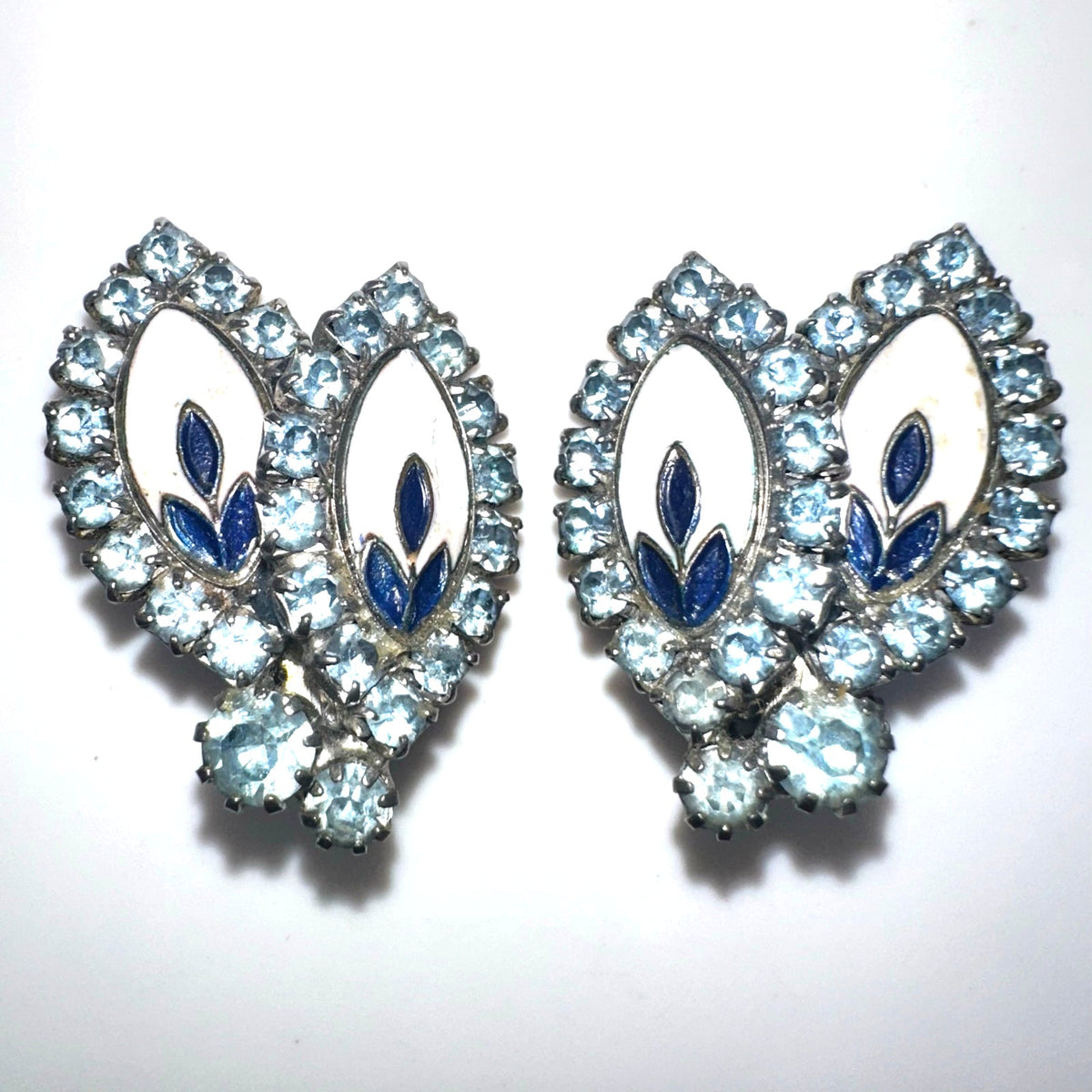 Weiss signed vintage silver tone blue rhinestones white enamel clip on earrings