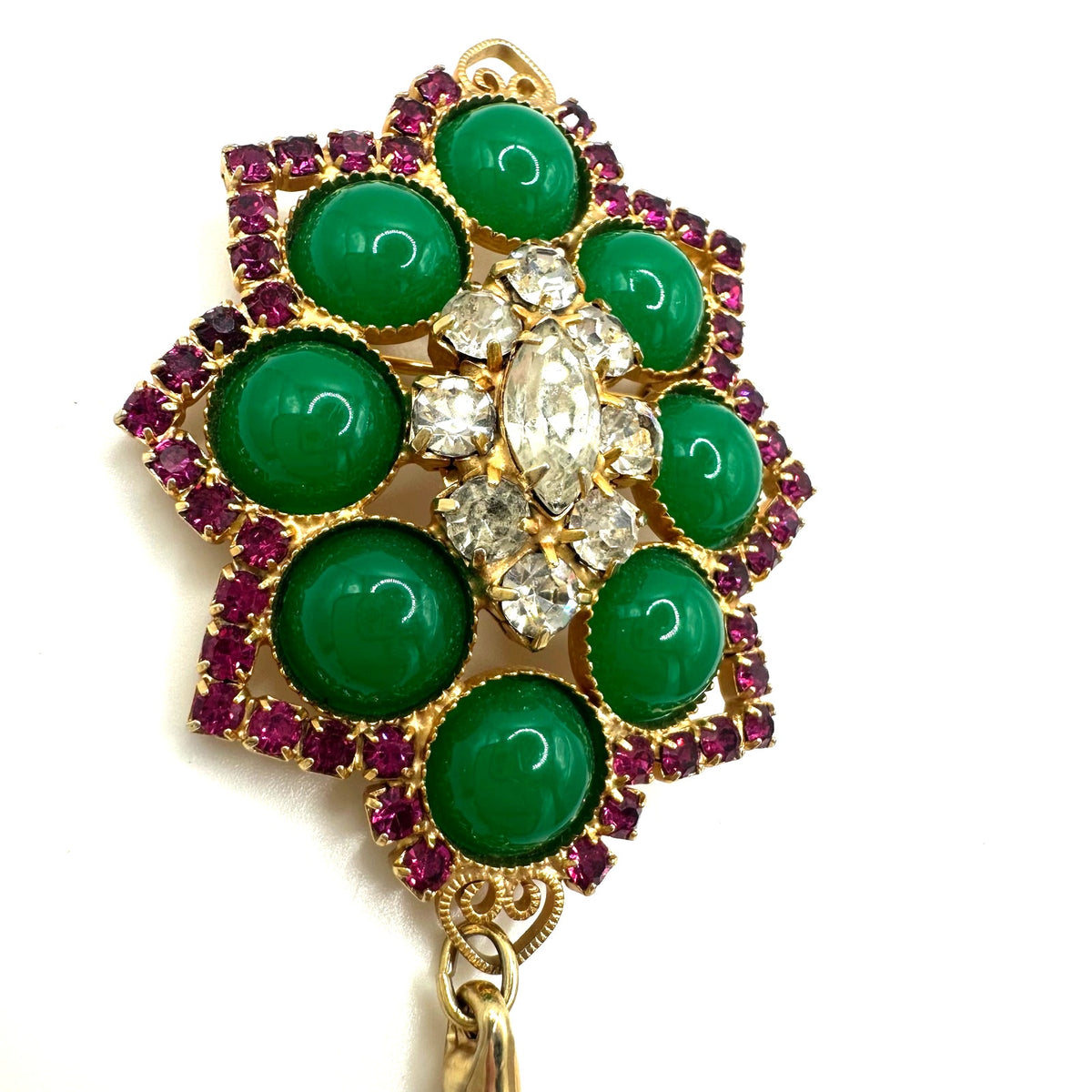 Juliana gold tone pink clear rhinestones green cabochons chains fringe brooch