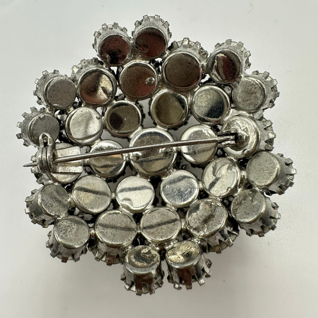 1950s vintage silver tone clear rhinestones sawtooth prong round domed 3D brooch