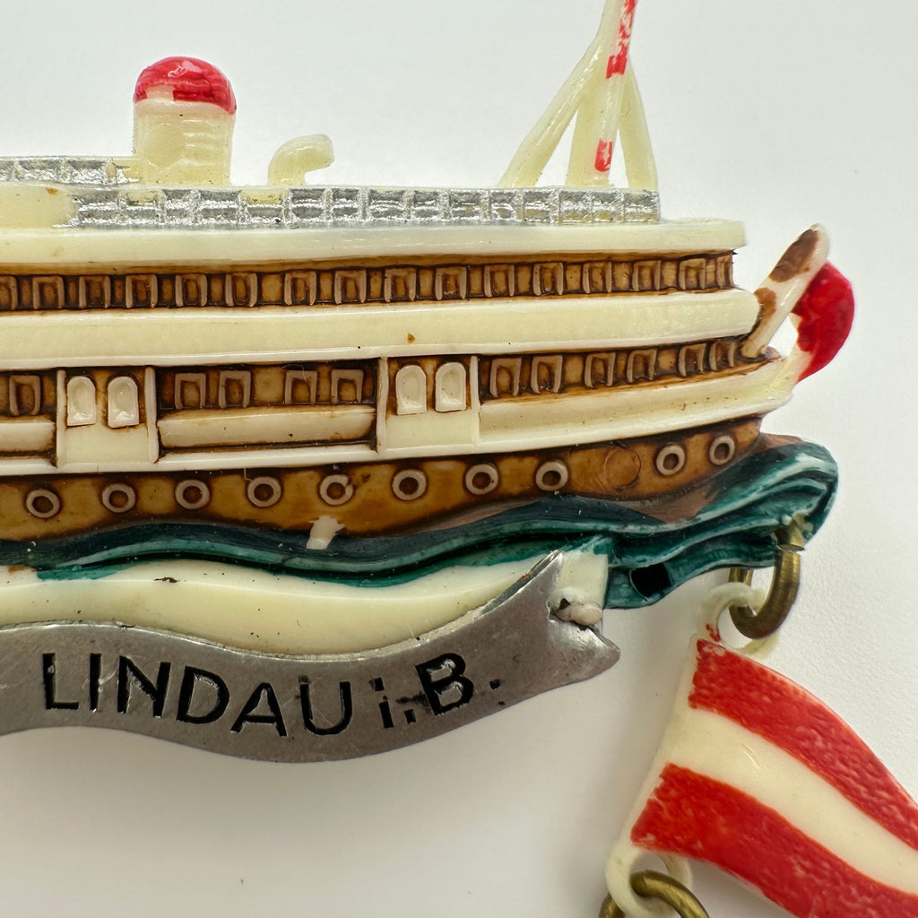 Lindau Germany 1940s retro hand painted celluloid souvenir ship flags brooch
