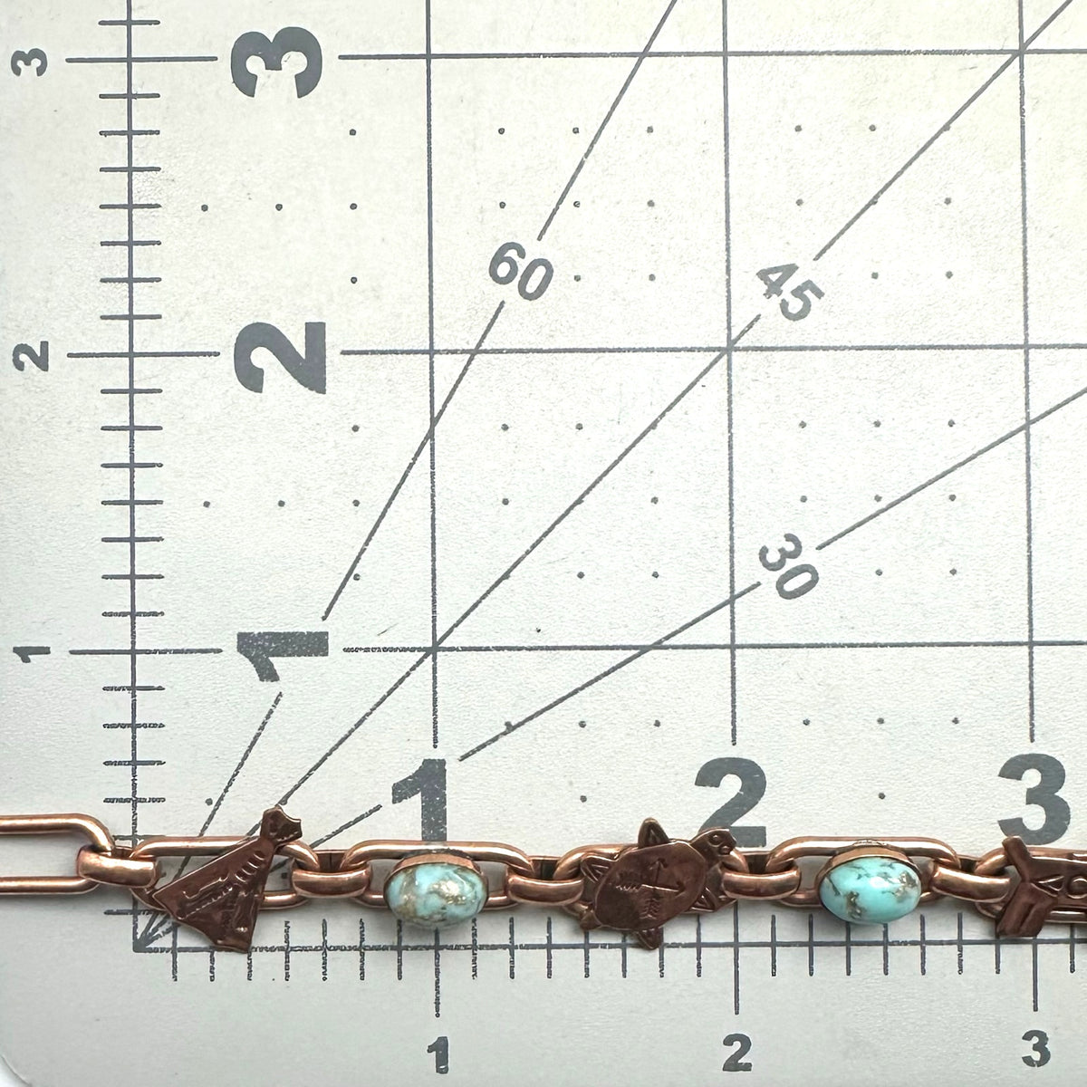 Vintage Southwestern solid copper figurals turquoise lucite cabochons bracelet