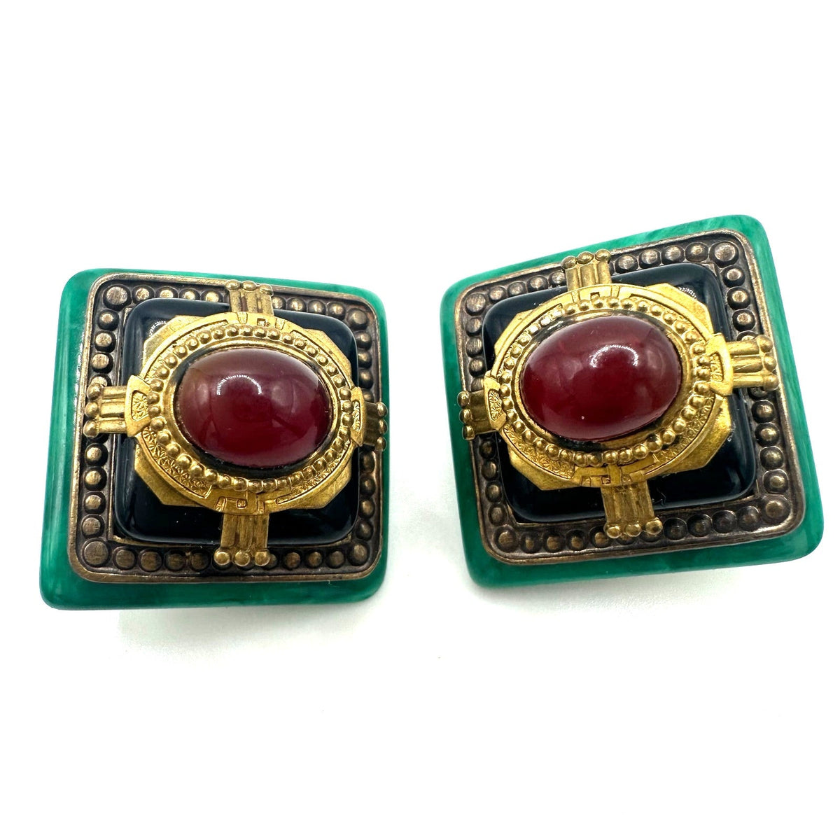 1980s vintage gold tone red black art glass green lucite clip on earrings
