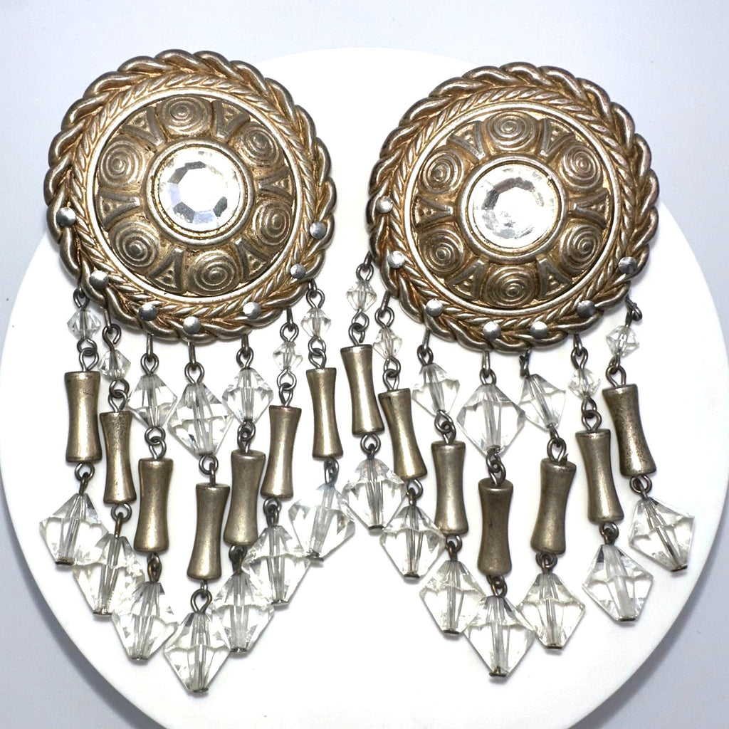 Vintage champagne gold tone clear beaded crystal drops dangle clip on earrings