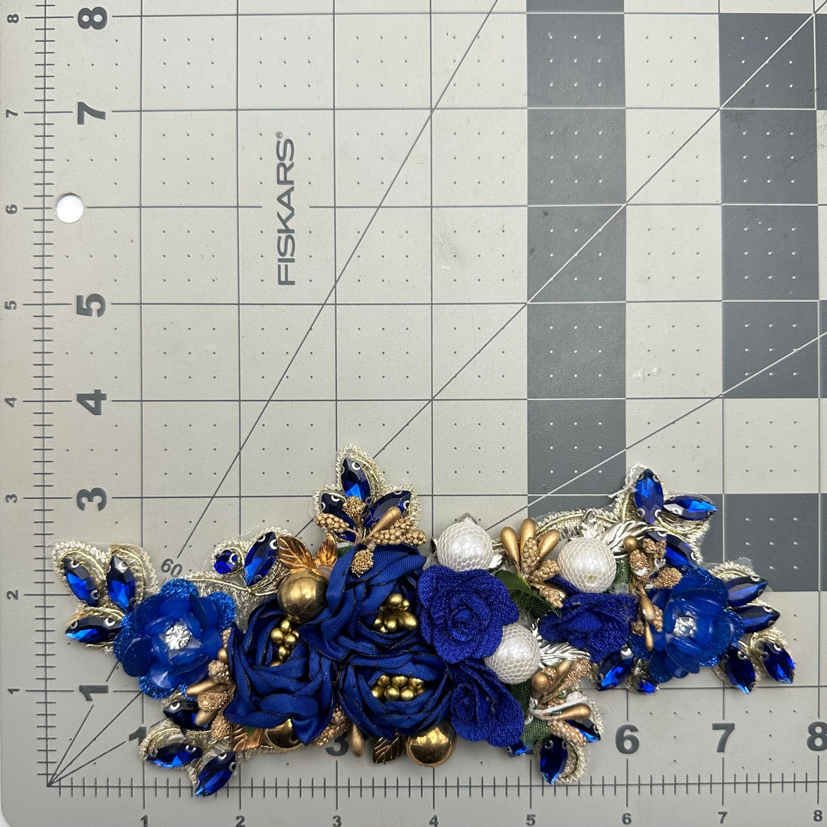 Massive large gold tone blue roses rhinestones pearls beaded sewing applique