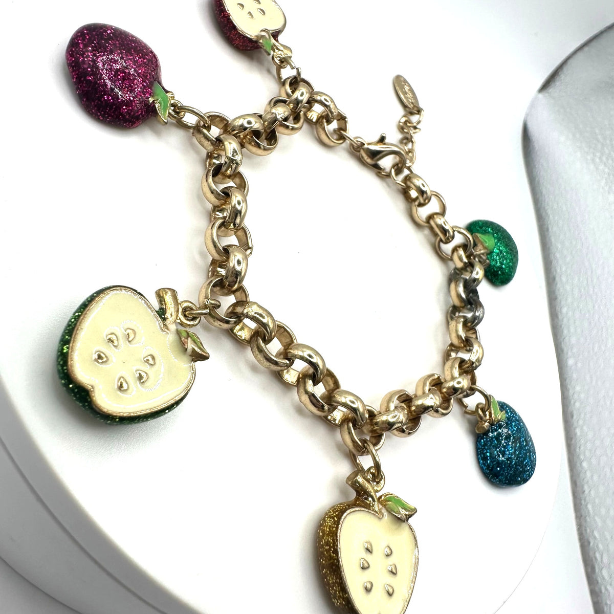 Claire's vintage gold tone multicolor enamel apple charms chain link bracelet