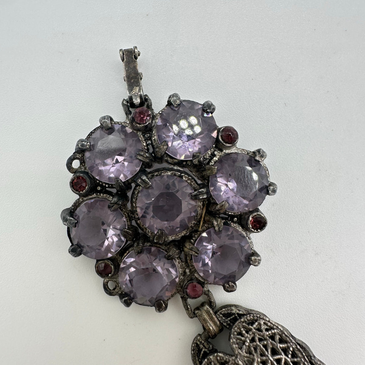 Antique Art Deco silver tone purple glass faux amethyst gemstones bracelet