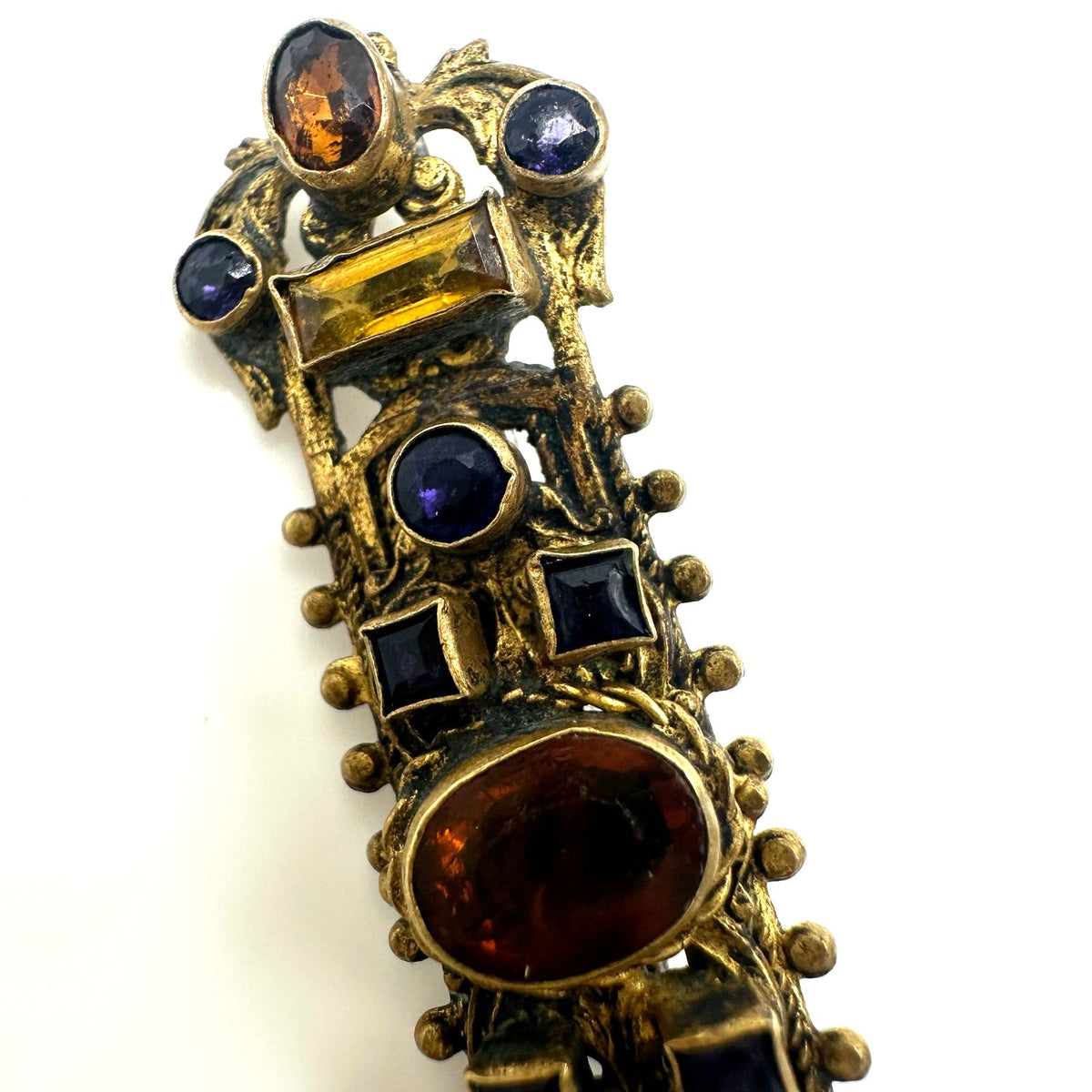 Antique 1800s gold gilt multicolor glass gems Etruscan Revival bar pin brooch