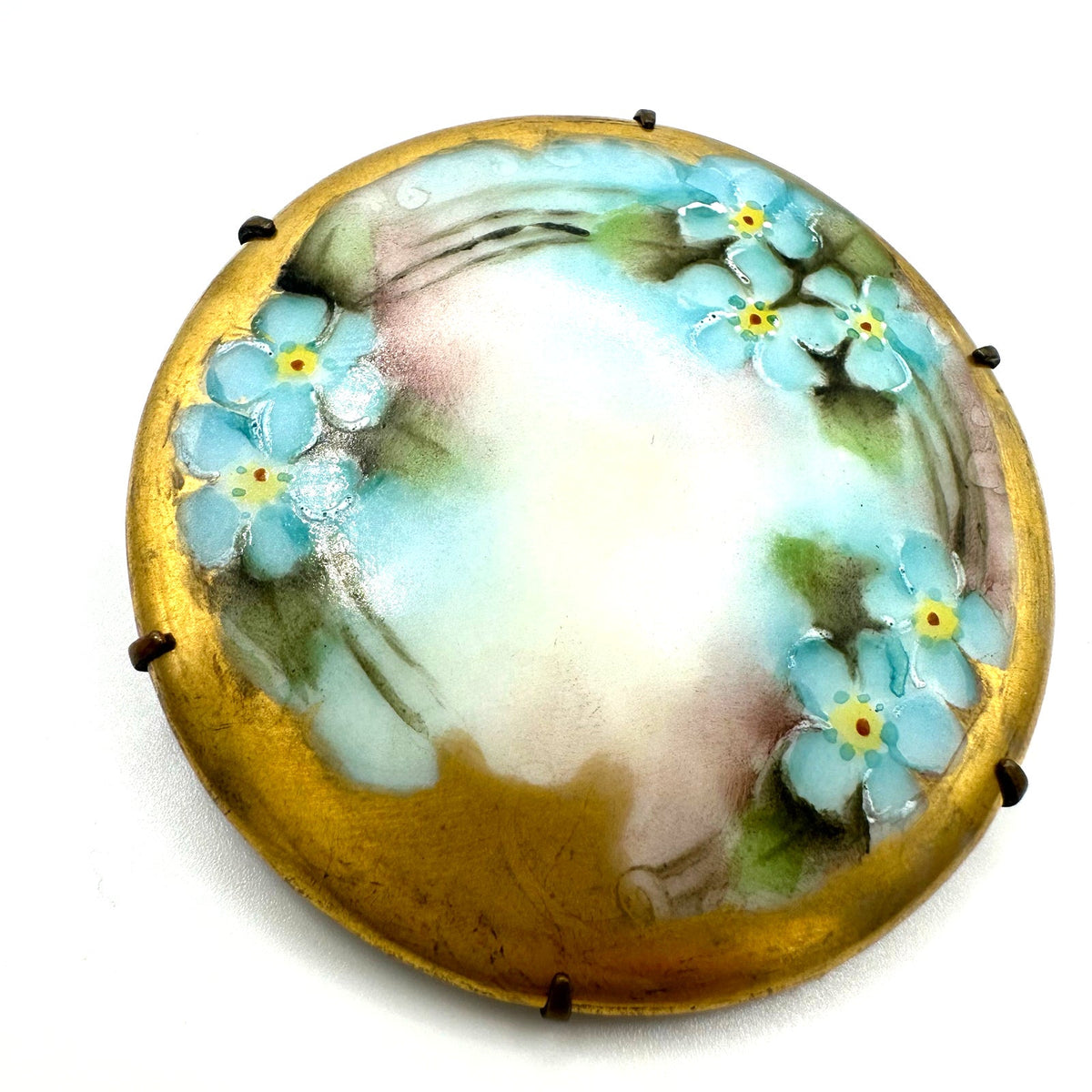 Antique Victorian Edwardian hand painted blue forget me not flowers brooch