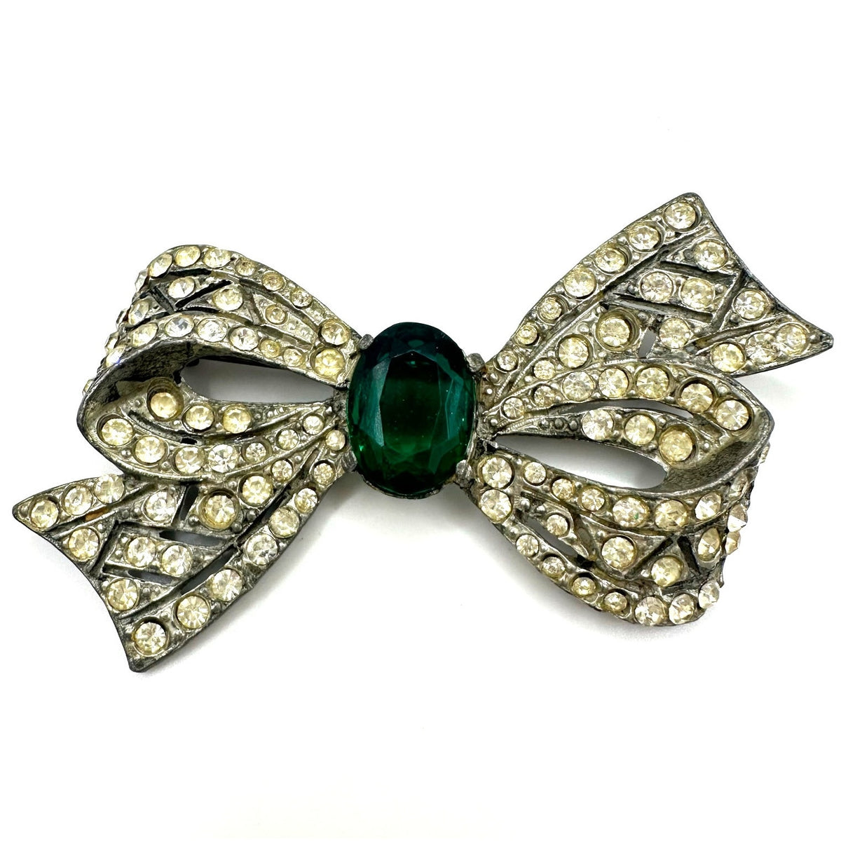 1930s antique Art Deco silver tone pot metal green clear rhinestones bow brooch