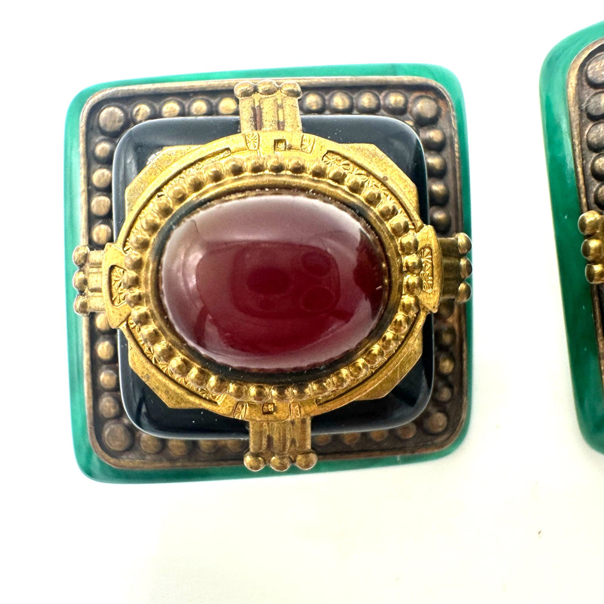 1980s vintage gold tone red black art glass green lucite clip on earrings