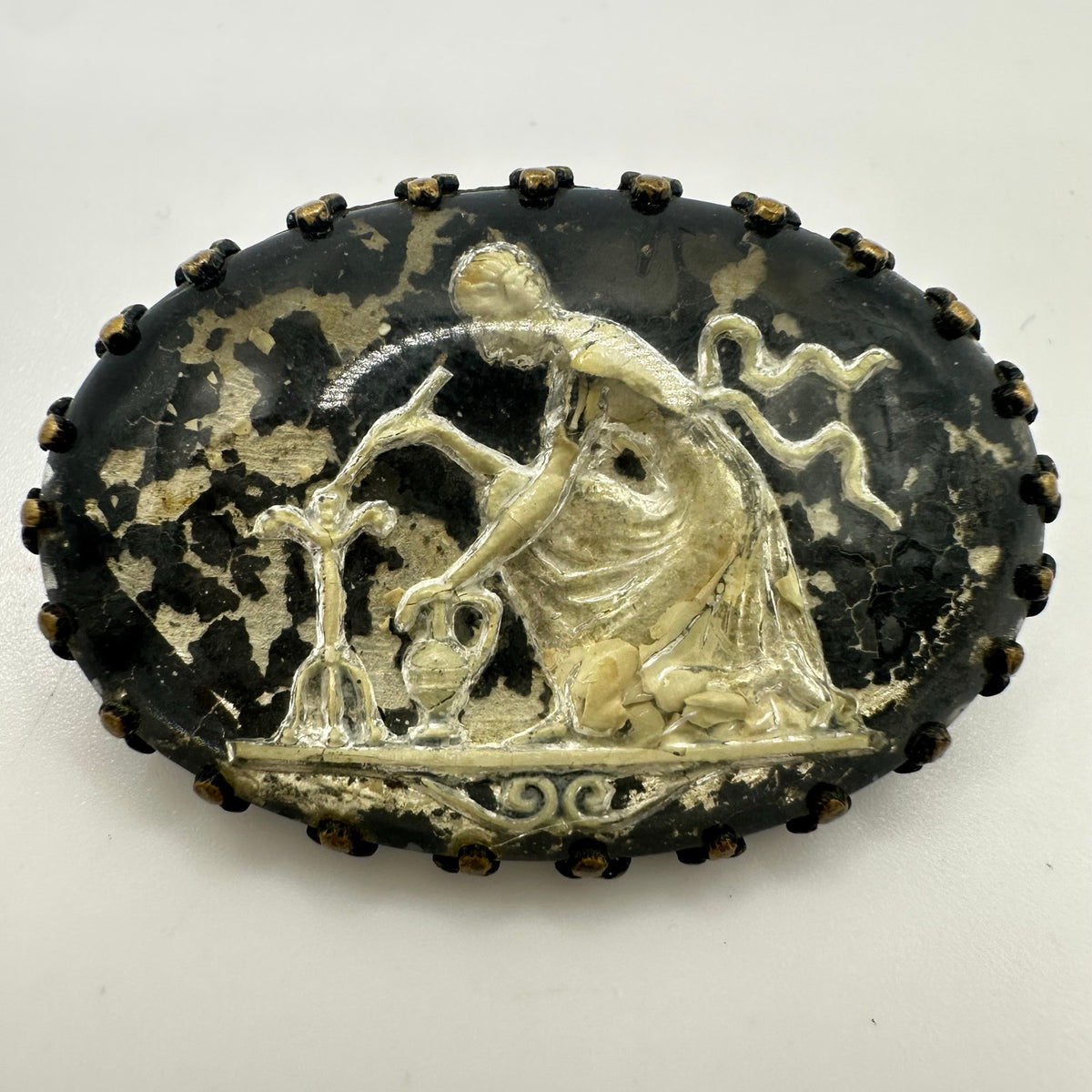 Antique Art Deco brass cut glass reverse foiled intaglio woman cameo brooch pin