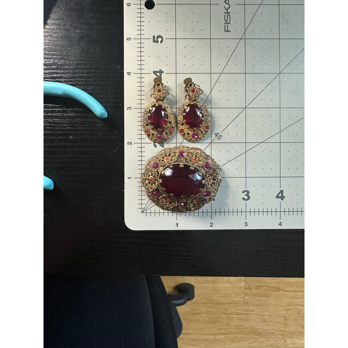 West Germany vintage gold tone red pink rhinestones brooch clip on earrings set