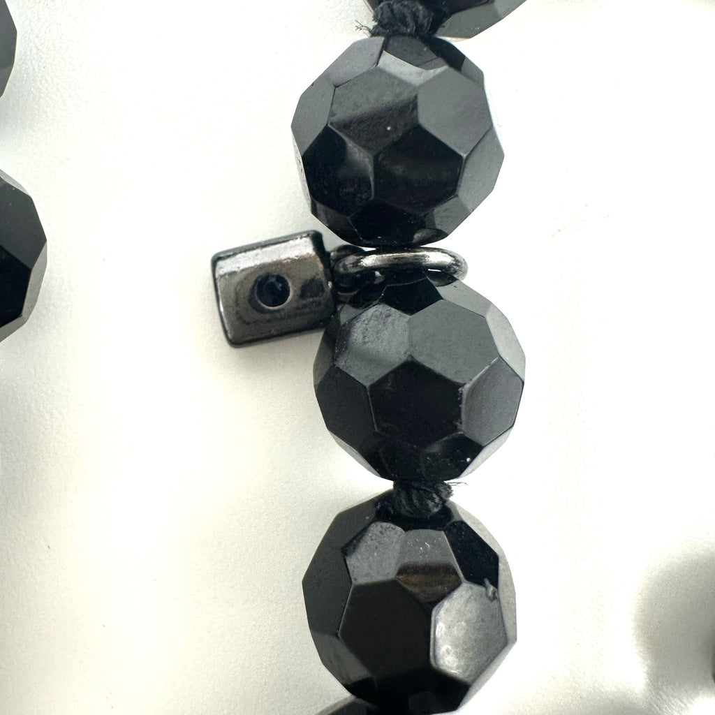 Extra long 72” black faceted glass 10mm beads beaded hand knotted necklace