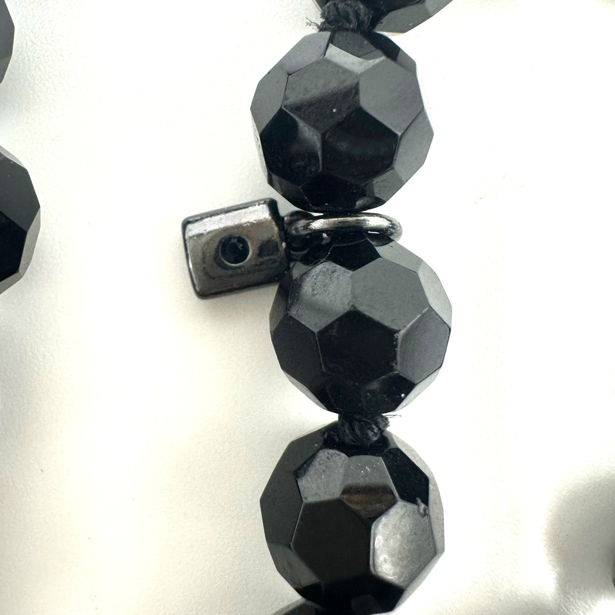 Extra long 72” black faceted glass 10mm beads beaded hand knotted necklace