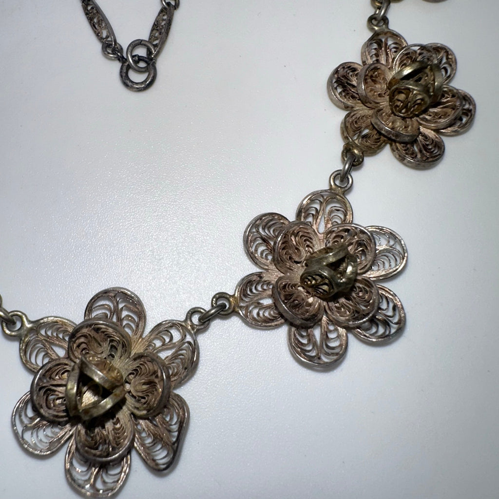 1940s vintage sterling silver handmade filigree graduated necklace 30.50g