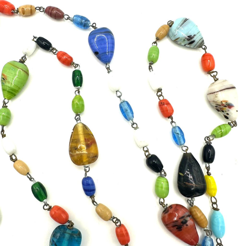 Antique Art Deco Czech art glass multicolor beads beaded brass 50" necklace