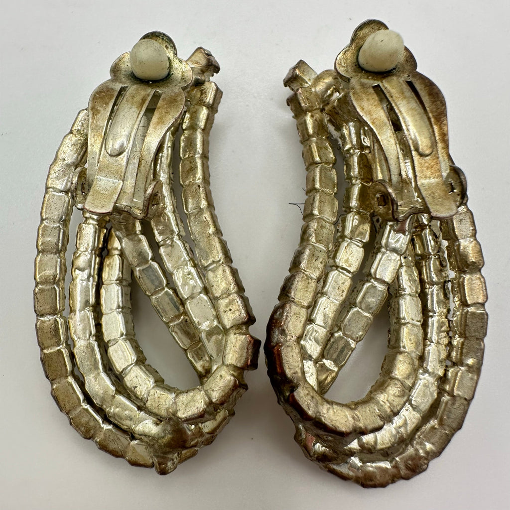 Vintage clear glass rhinestones silver tone 3D paisley clip on earrings