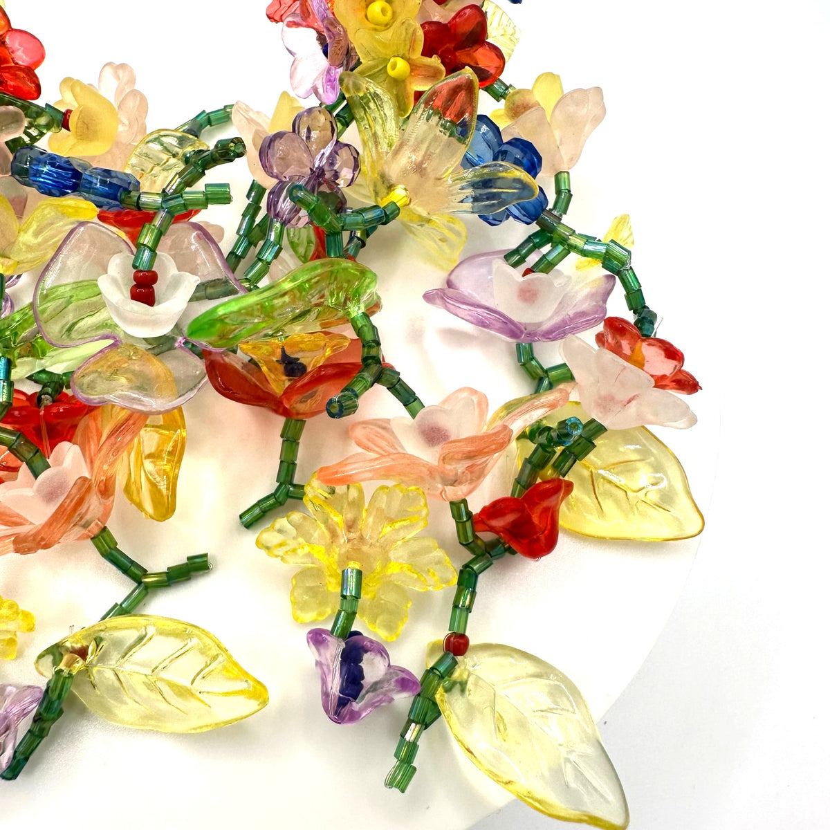 Multicolor plastic floral flowers beaded dangle 4" drop post statement earrings