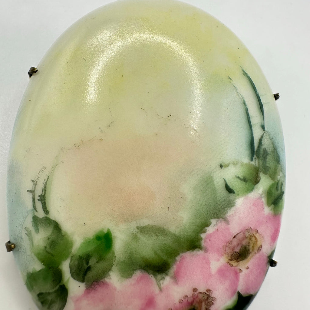 Antique Victorian Edwardian hand painted pink green yellow floral brooch pin