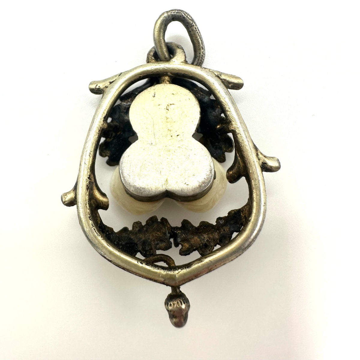 Antique Victorian Edwardian 800 silver real deer teeth acorn leaves pendant