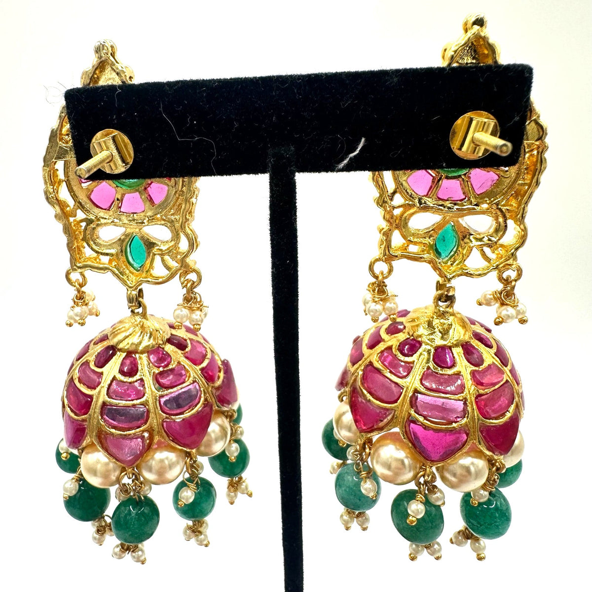 Indian Bridal gold plated real ruby green gems beaded pearls jhumka earrings