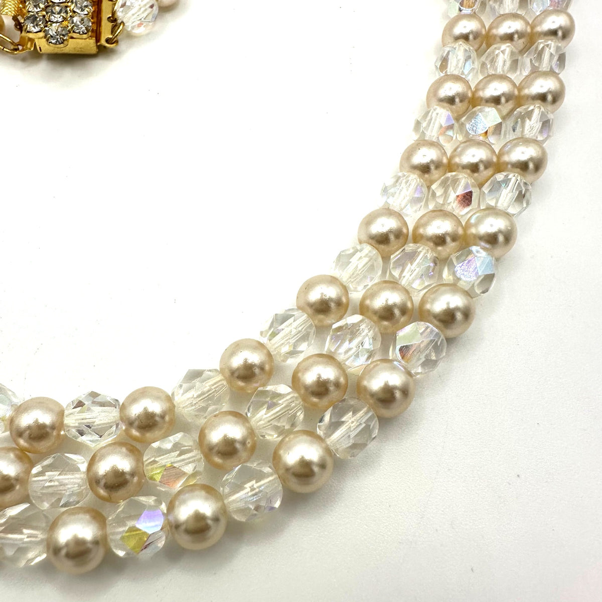 Vintage 3 multi strand AB aurora borealis glass pearls beaded necklace
