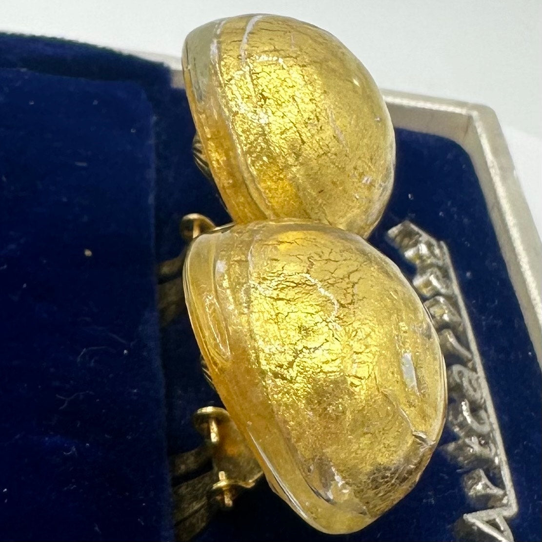 Vintage gold tone hand blown crackled clear Murano art glass clip on earrings