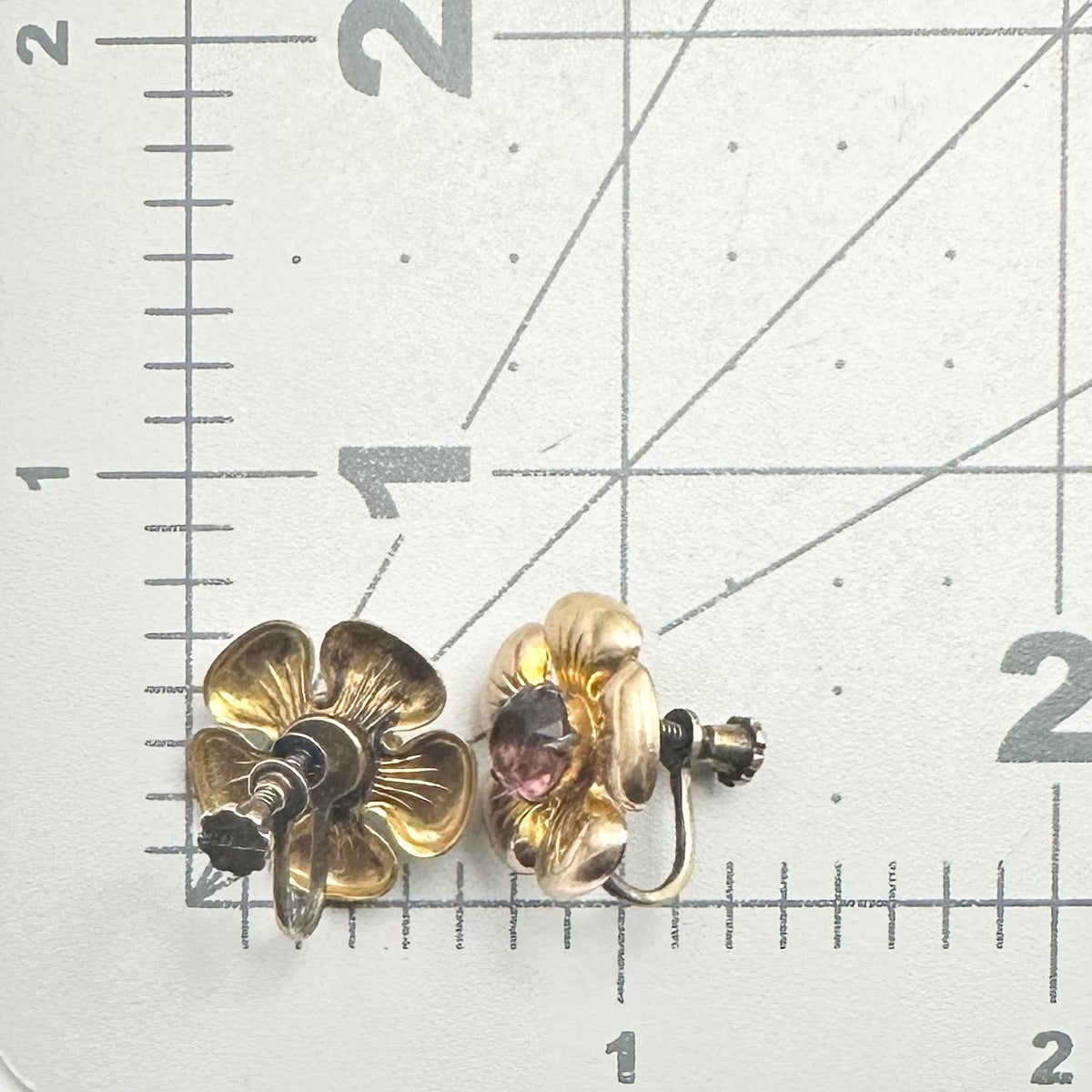 1940s sterling silver gold plated flowers purple rhinestones screw back earrings