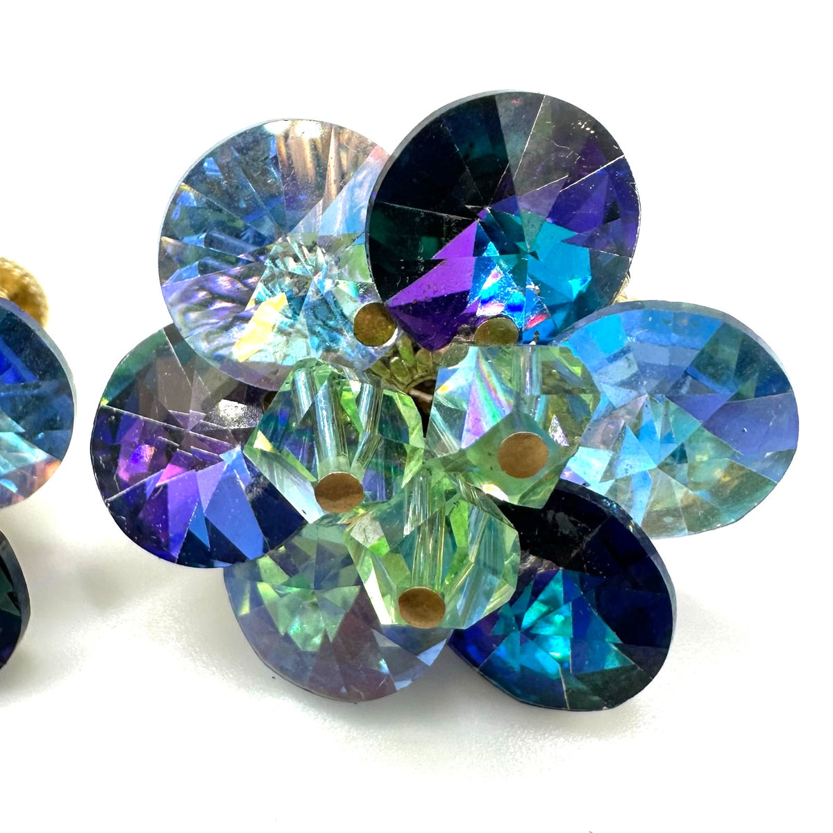 Vendome gold tone AB rivolis green glass beads beaded cluster clip on earrings