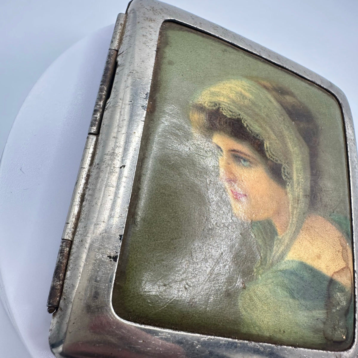 Antique Edwardian 1900s German silver tone portrait cigarette box case compact