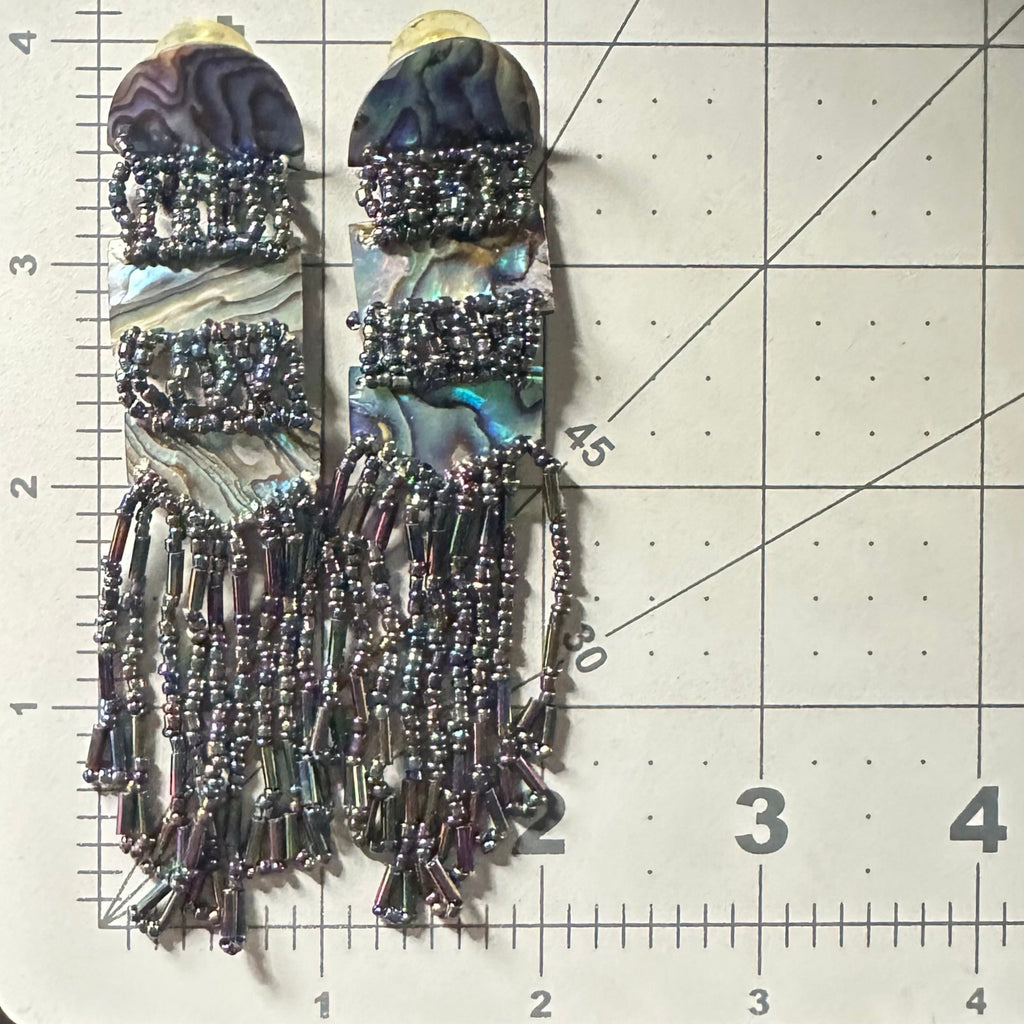 Vintage genuine abalone black luster glass beads beaded post dangle earrings