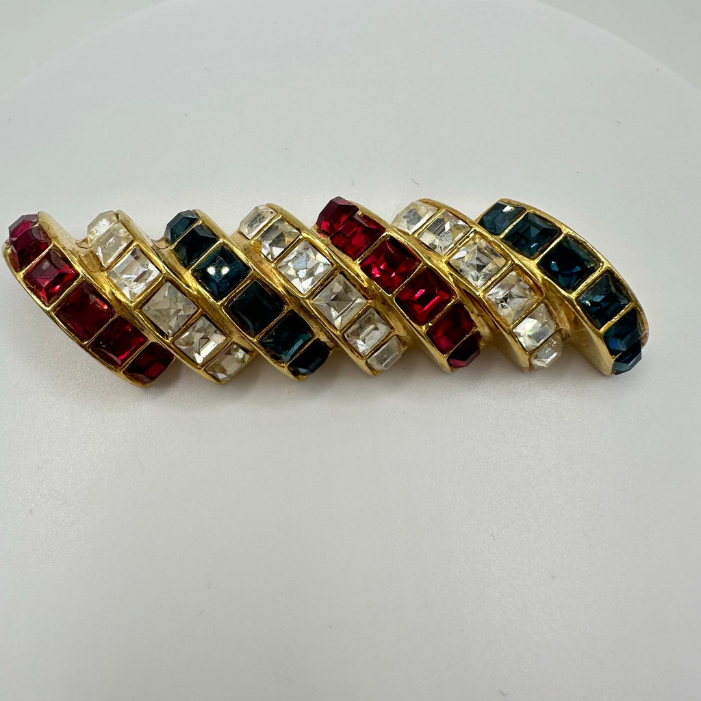 Ben-Amun vintage gold tone red blue clear square rhinestones half circles brooch