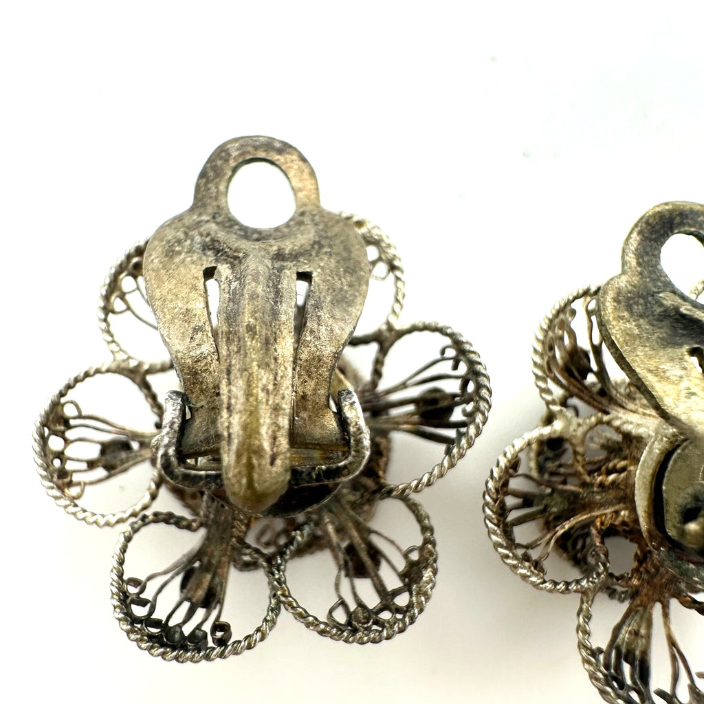 Antique vintage 800 silver handmade filigree flowers floral clip on earrings