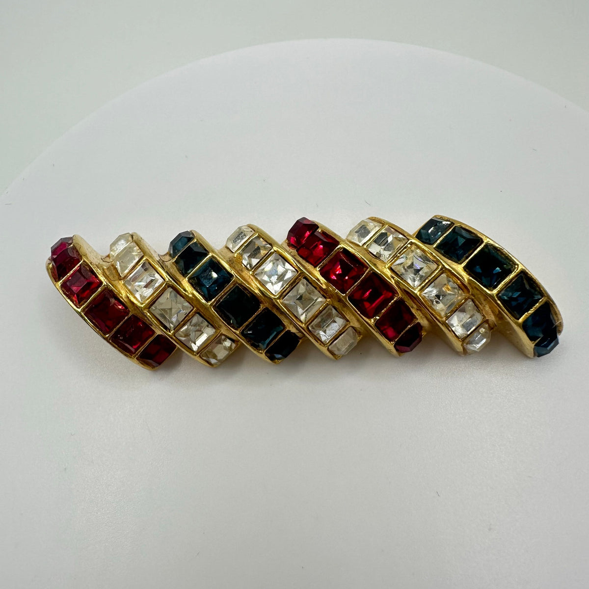 Ben-Amun vintage gold tone red blue clear square rhinestones half circles brooch